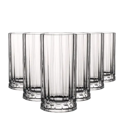 Set of six Glassware UK Wayne highball glasses, 250ml capacity, clear glass with a sleek cylindrical shape for beverages.