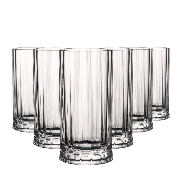 Set of six Wayne highball glasses by Glassware UK, 250ml capacity, clear glass with smooth cylindrical shape.