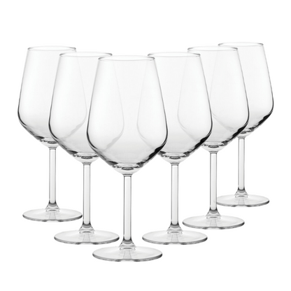 Set of six Allegra red wine glasses by Glassware UK, 490ml capacity, clear glass with elegant stem design.