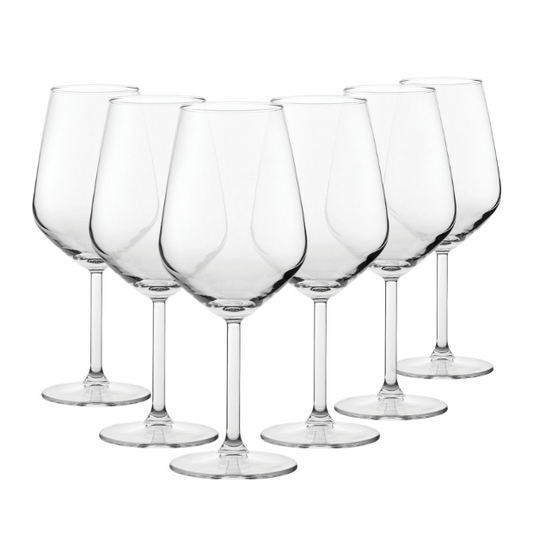 Set of six Allegra red wine glasses by Glassware UK, 490ml capacity, clear glass with elegant stem design.
