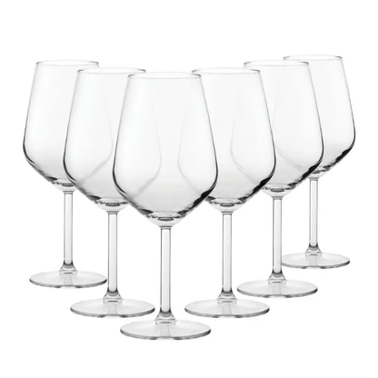 Set of six Allegra white wine glasses by Glassware UK, 350ml, clear crystal with elegant stems, perfect for wine serving.