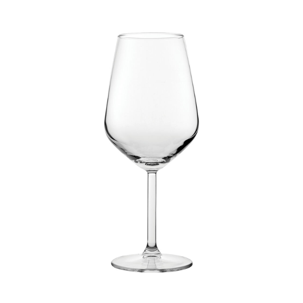 Set of six Allegra red wine glasses by Glassware UK, 490ml capacity, clear glass with elegant design.