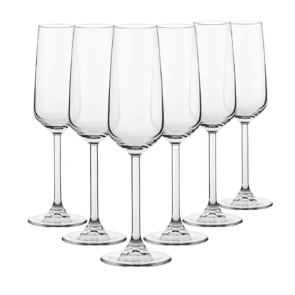 Set of six Glassware UK Allegra champagne flutes, 200ml, clear glass with elegant long stems and tapered bowls.