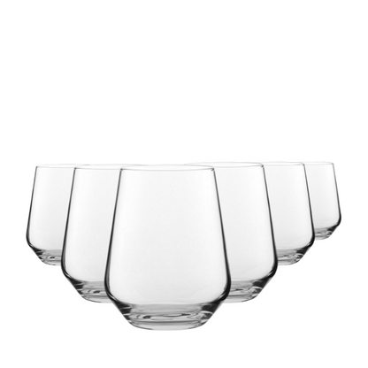 Set of six Glassware UK Allegra 440ml whisky tumblers with clear glass and simple design, ideal for serving drinks.