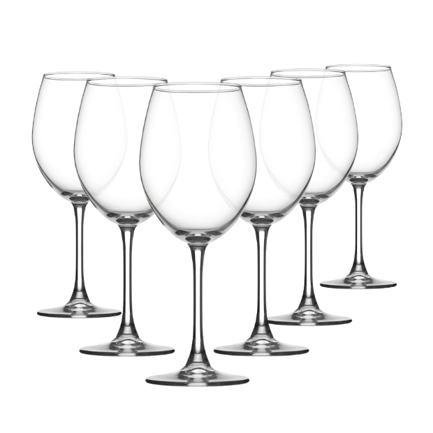 Six Glassware UK enoteca wine glasses, 615ml each, with elegant clear design, perfect for serving wine in a stylish setting.