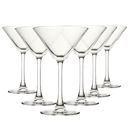 Set of six Glassware UK cocktail enoteca martini glasses, 220ml capacity, clear glass with elegant design, perfect for cocktails.