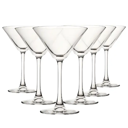 Set of six 220ml Glassware UK Enoteca Martini Cocktail Glasses, clear with elegant stem, ideal for serving martinis and cocktails.