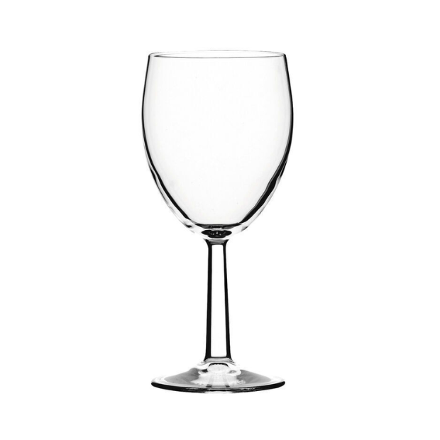Saxon Glass Goblet 340ml wine glass from Glassware UK, clear crystal with elegant stem, perfect for serving wine.
