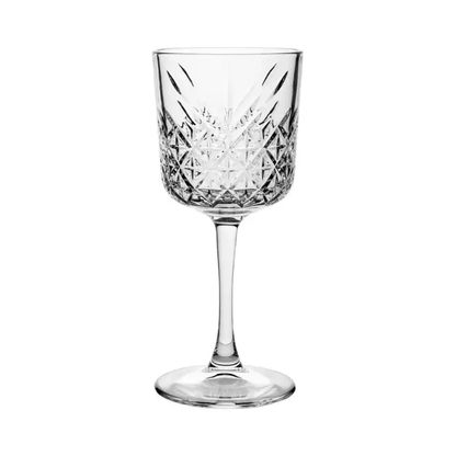 Set of six Glassware UK vintage wine glasses, 330ml capacity, clear glass with elegant stem and bowl for wine serving.