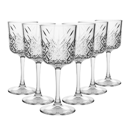 Six timeless vintage wine glasses with 330ml capacity from Glassware UK, featuring elegant clear glass design.