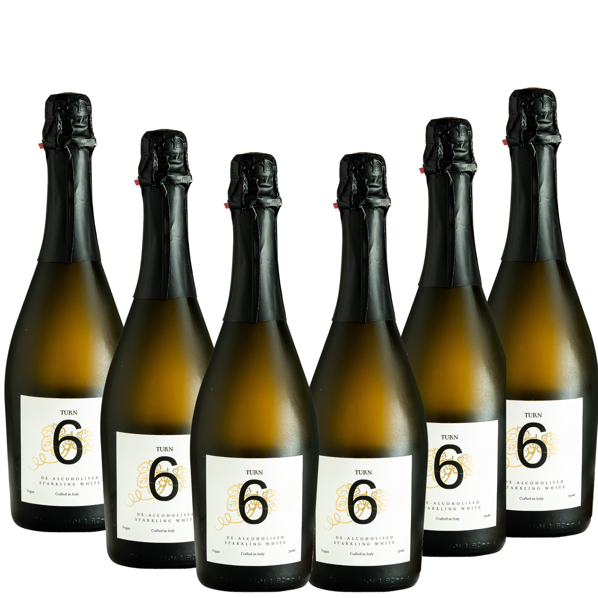 Six bottles of Turn 6 premium alcohol-free sparkling white wine in a case, showcasing clear, elegant bottles with white wine inside.