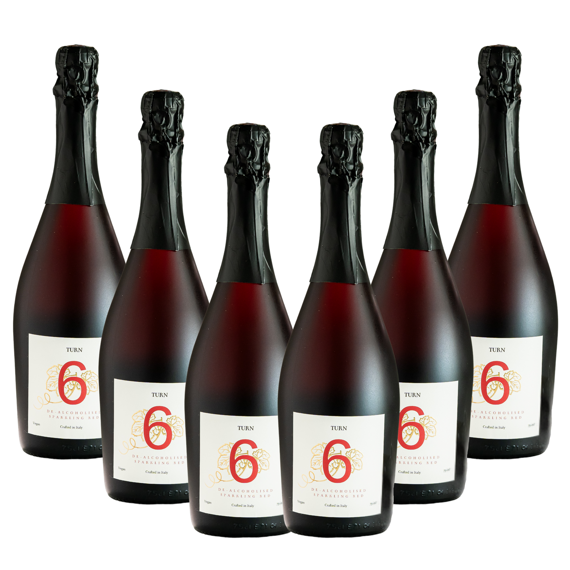 Six bottles of Turn 6 premium alcohol-free sparkling red wine in a case, showcasing elegant red wine bottles with foil caps.