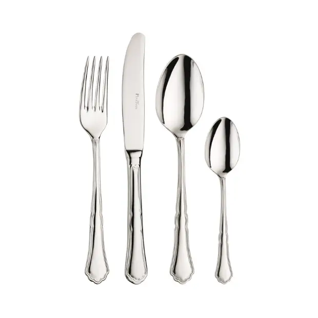 Glassware UK Pintinox Settecento table knife with mirror polish, showcasing sleek cutlery design on a reflective surface.