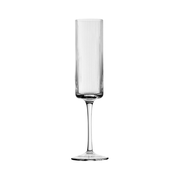 Set of six Hayworth Champagne Flutes by Glassware UK, 250ml, clear glass with elegant stems for serving champagne.