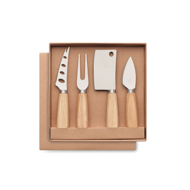 Set of 4 cheese knives from Glassware UK in a gift box, featuring stainless steel blades and wooden handles.
