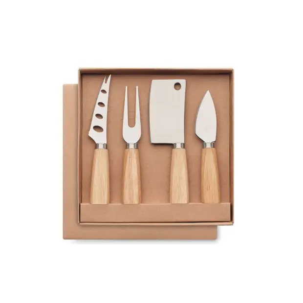 Set of four cheese knives in a gift box by Glassware UK, featuring stainless steel blades and wooden handles for cheese serving.