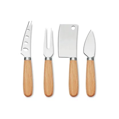 Set of 4 cheese knives from Glassware UK in a gift box, featuring stainless steel blades and wooden handles, ideal for cheese serving.