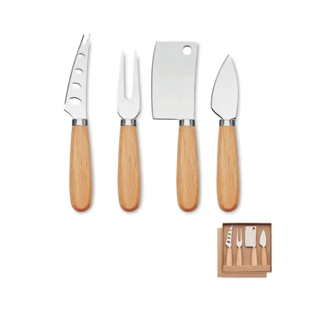 Set of 4 cheese knives from Glassware UK in a gift box, featuring stainless steel blades and wooden handles.