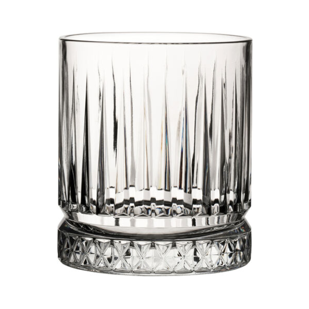 Six Elysia DOF glass tumblers by Glassware UK, 360ml whisky glasses, clear and elegant, arranged in a set on a wooden surface.