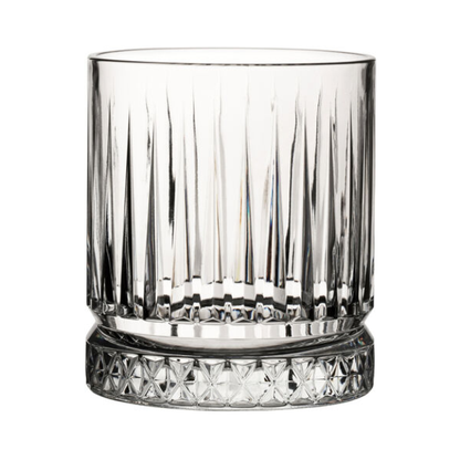 Six Elysia DOF glass tumblers by Glassware UK, 360ml whisky glasses, clear and elegant, arranged in a set on a wooden surface.
