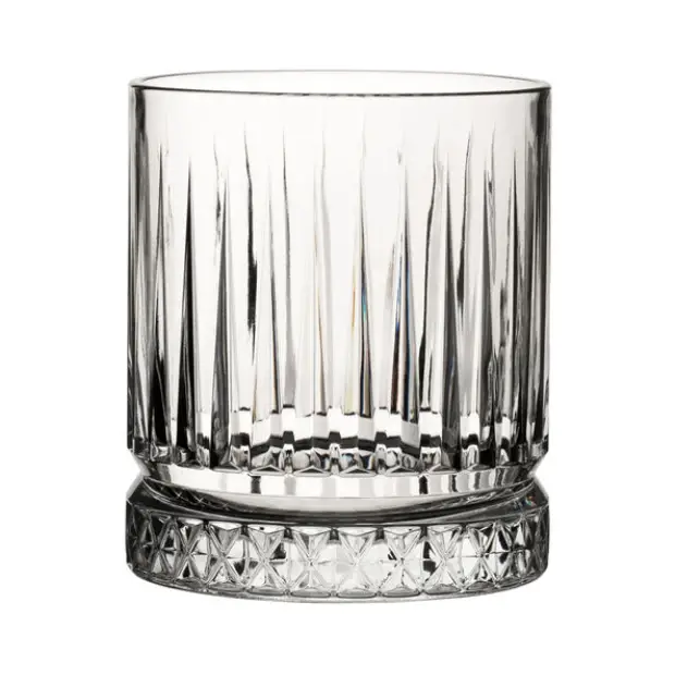 Set of six Elysia DOF glass tumblers from Glassware UK, 360ml whisky tumblers with clear, sturdy design on a plain background.