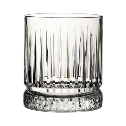 Set of six Elysia DOF glass tumblers from Glassware UK, 360ml whisky tumblers with clear, sturdy design on a plain background.