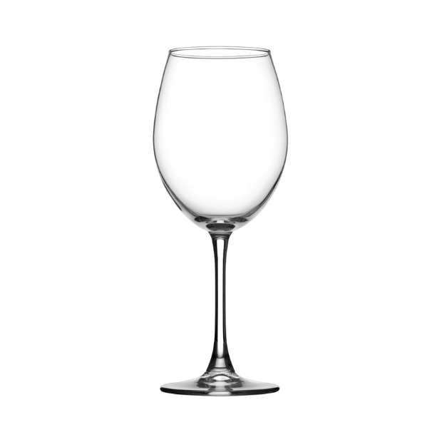 Set of six Glassware UK Enoteca wine glasses, 615ml each, with elegant stems and clear glass bowls.