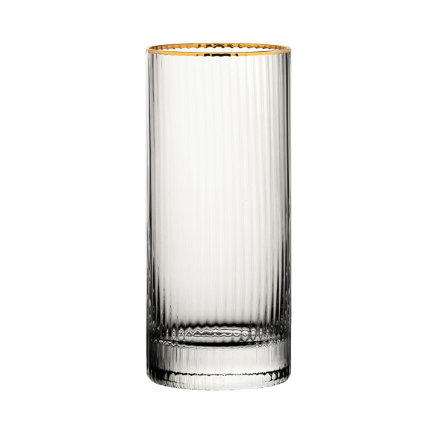 Set of six Hayworth Gold Rimmed Highball Glasses, 350ml whisky tumblers by Glassware UK, featuring elegant gold rim details.