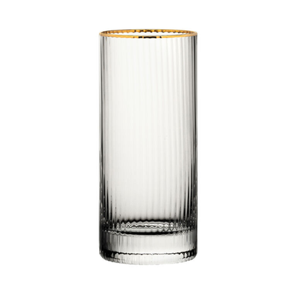 Set of six Hayworth Gold Rimmed Highball Glasses, 350ml whisky tumblers by Glassware UK, featuring elegant gold rim details.