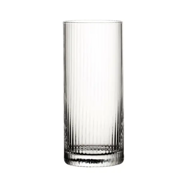 Set of six Glassware UK Hayworth highball glasses, 350ml whisky tumblers with clear glass and simple design.