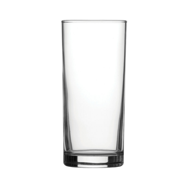 Set of six Glassware UK whisky tumblers, 340ml highball glasses with clear glass design for serving spirits and mixers.