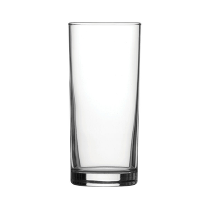 Set of six Glassware UK whisky tumblers, 340ml highball glasses with clear glass design for serving spirits and mixers.