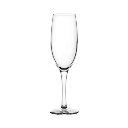 Set of six Moda Champagne Flutes by Glassware UK, 170ml clear glassware with elegant tall stems for celebratory drinks.