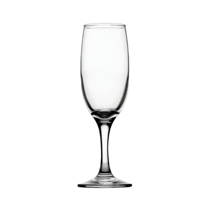 Set of six clear 190ml Glassware UK champagne flutes with slender stems and elegant bowl design for special occasions.