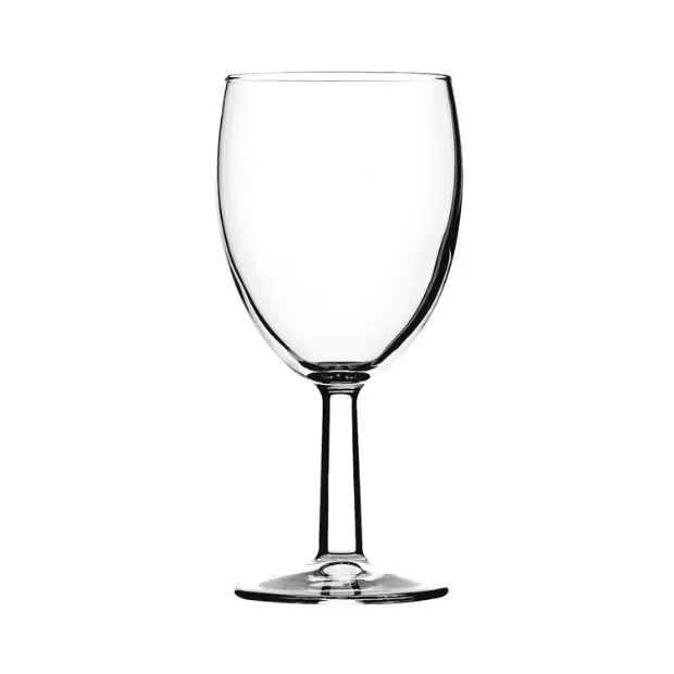 Set of six Saxon wine glasses by Glassware UK, 200ml capacity, clear glass with elegant bowl shape, perfect for wine serving.