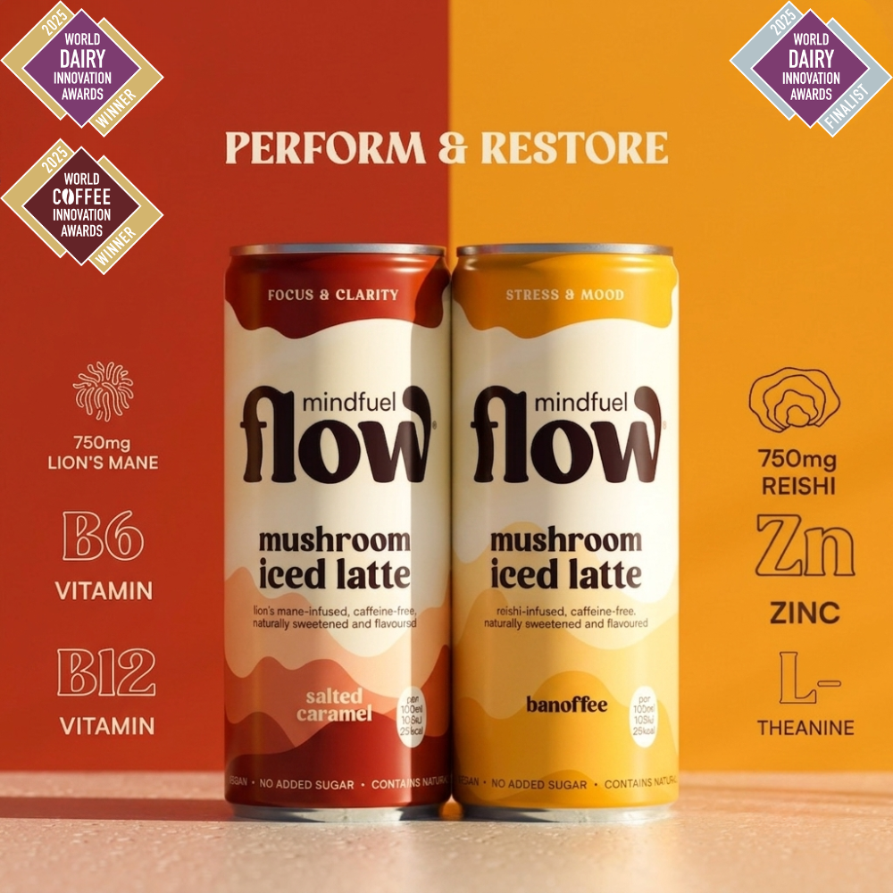 Mindfuel Flow Lion's Mane and Reishi oat latte mixed pack featuring herbal mushroom blends in a ready-to-drink beverage.