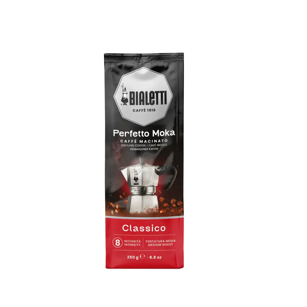 Bialetti Perfetto Moka stovetop coffee maker, Brew Italia Bialetti coffee pot with black handle and polished metal finish.