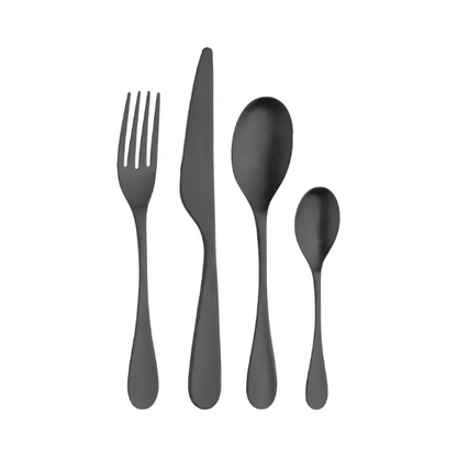 24-piece Pintinox Drop Black cutlery set by Glassware UK, including forks, knives, spoons arranged on a wooden table.