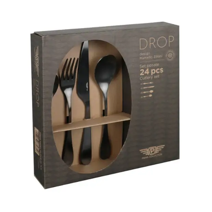Black Pintinox Drop 24-piece cutlery set with stainless steel knives, forks, and spoons arranged on a white background.