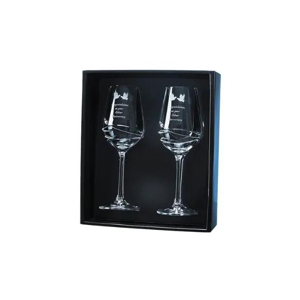 Set of two Diamante Wine Glasses by Glassware UK with Modena spiral cut design, displayed in a gift box.