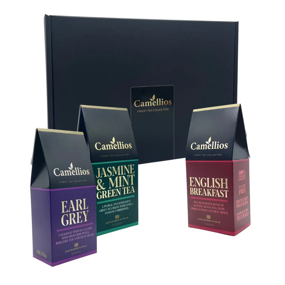 Camellios tea gift box with three classic tea blends, showcasing assorted tea infusions in elegant packaging.