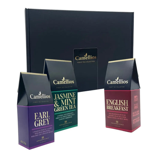 Camellios tea gift box with three classic tea blends, showcasing assorted tea infusions in elegant packaging.