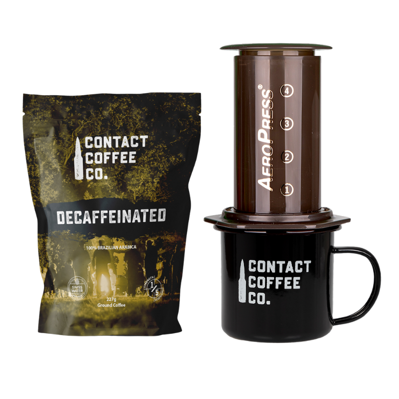 Contact Coffee Company Ltd. coffee care package with assorted coffee beans and brewing accessories on a white background.