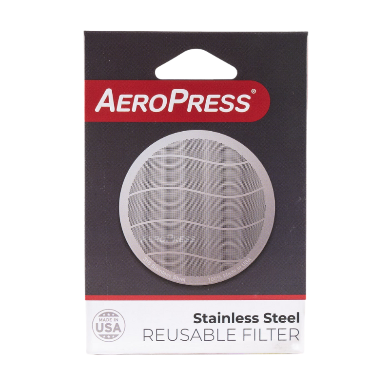 Stainless steel AeroPress filter by Contact Coffee Company Ltd. showing a durable, reusable coffee filter for AeroPress brewing.