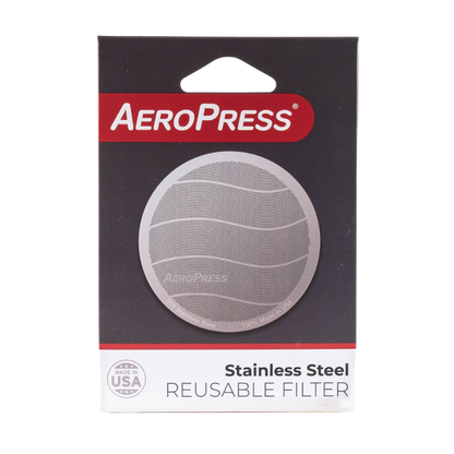Stainless steel AeroPress filter by Contact Coffee Company Ltd. showing a durable, reusable coffee filter for AeroPress brewing.