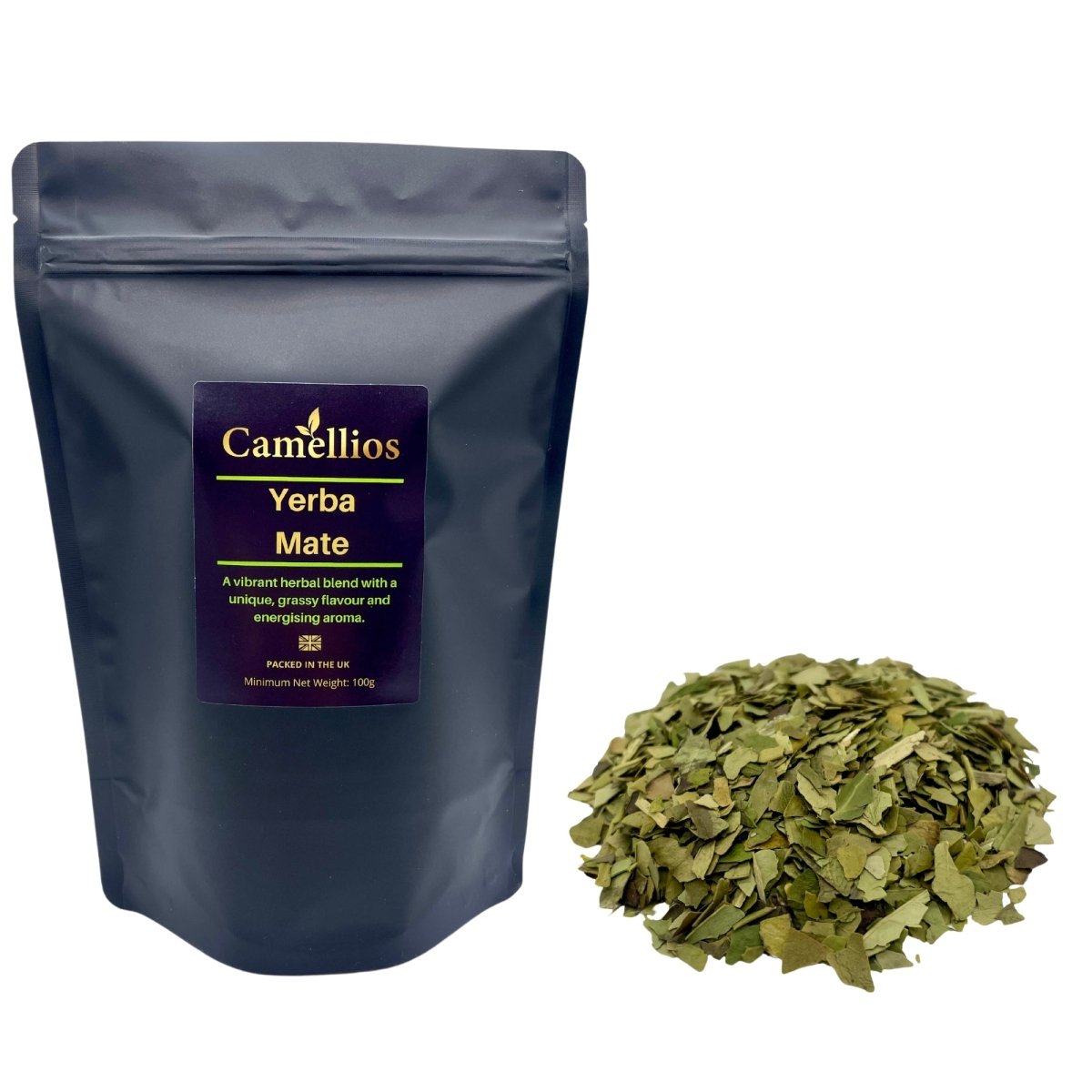 Loose leaf Yerba Mate tea from Camellios, showing green tea leaves in a natural, rustic setting.
