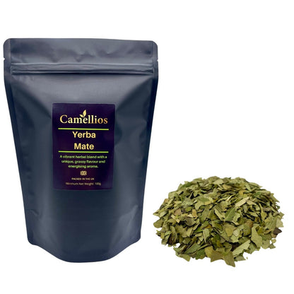 Loose leaf Yerba Mate tea from Camellios, showing green tea leaves in a natural, rustic setting.