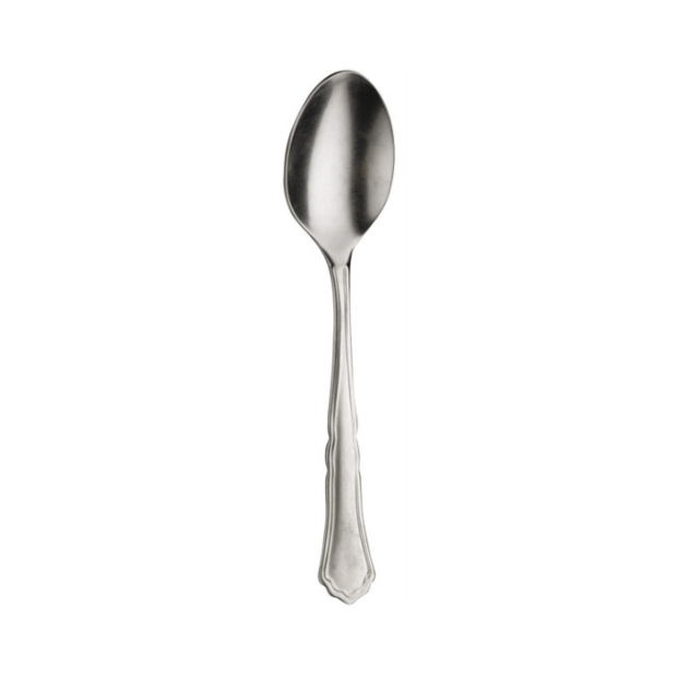 Glassware UK Pintinox Settecento coffee spoon in stone-washed finish, close-up of the elegant, polished cutlery piece.