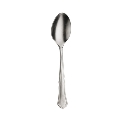Glassware UK Pintinox Settecento coffee spoon in stone-washed finish, close-up of the elegant, polished cutlery piece.