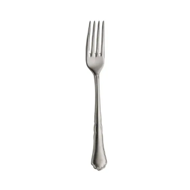Glassware UK Pintinox Settecento Table Fork with stone-washed finish, close-up of stainless steel cutlery with textured handle.